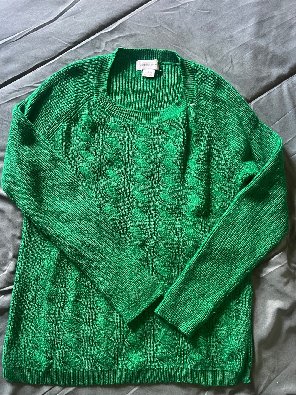 Liz Claiborne Kelly Green Cable Knit Crewneck Sweater